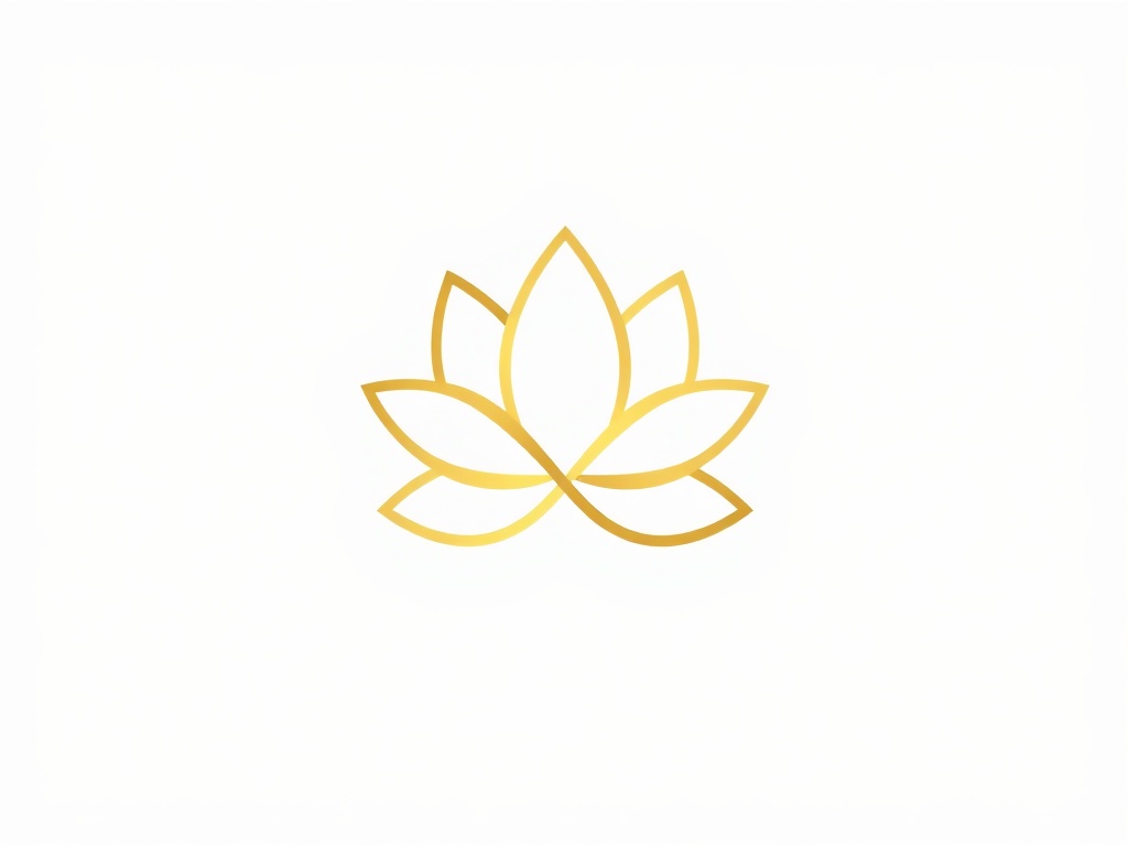 Minimalist geometric symbol of a lotus flower combined with an infinity loop, clean lines, matte gold on white background, vector style.